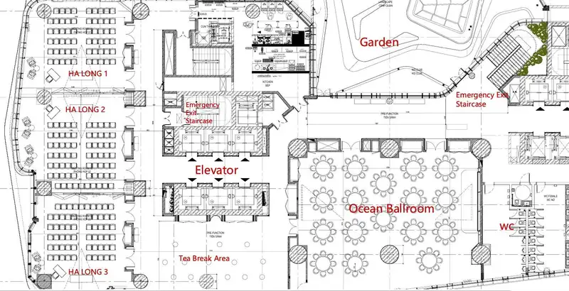 Sơ đồ tầng 3 À La Carte Hạ Long: Ocean Ballroom, ba phòng Hạ Long 1, 2, 3, khu tea break và vườn ngoài trời